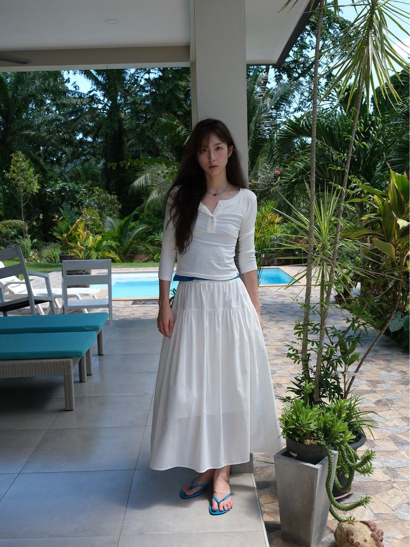 Shirring Cotton Maxi Skirt (White)