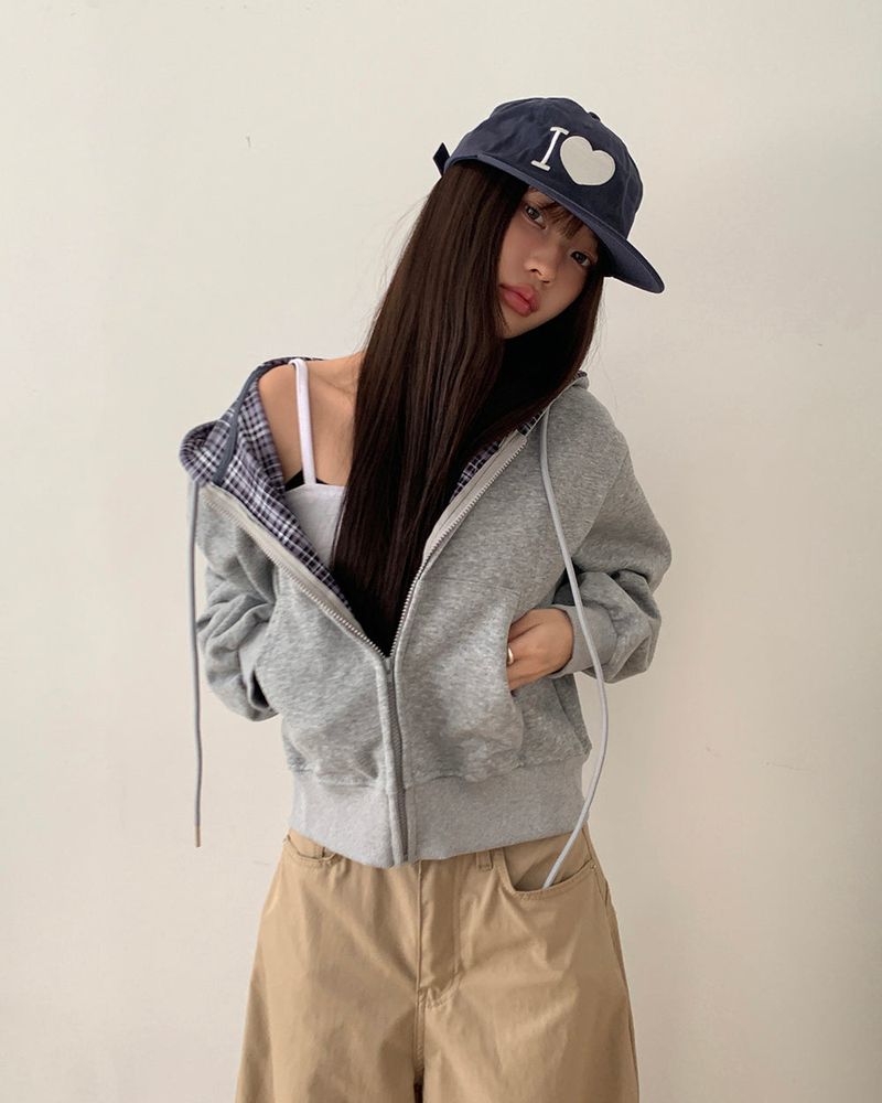 Mchi Check Color-Block Long Sleeve Hoodie Zip-Up