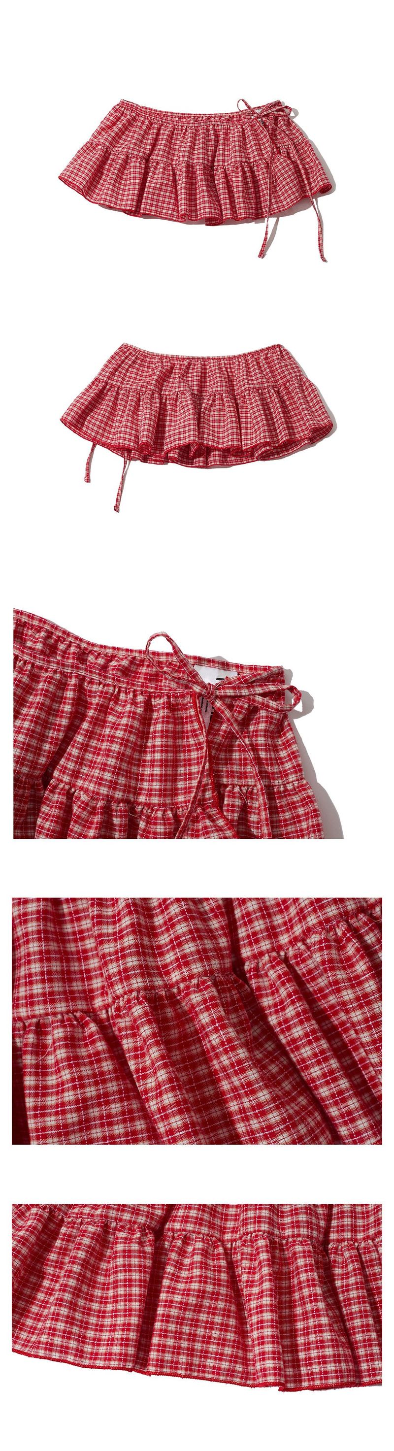 RED CHECK LAYERED WRAP SHORT SKIRT