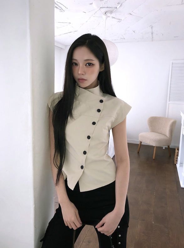 Newji Diagonal Button High-Neck Blouse Shirt