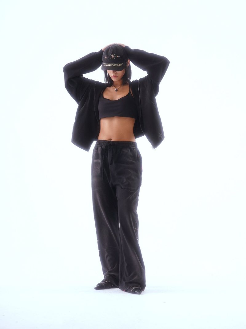 WASHED DISTRESSED RANDOM STITCH HOT-STUDDED DRAWSTRING SWEATPANTS