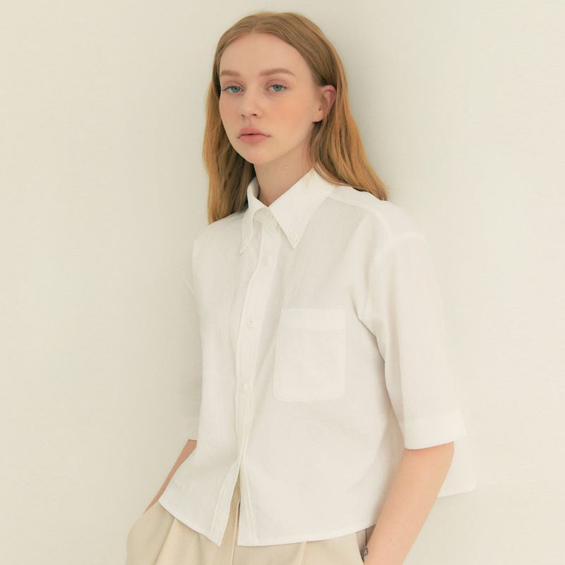 FREIHEIT(フライハイト)の「Stripe Wrinkle Pocket Crop Shirt (White)(Tops)」