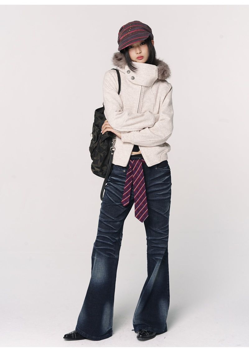 CONFUN Design sense three-dimensional cat whiskers, aged washed flared jeans style