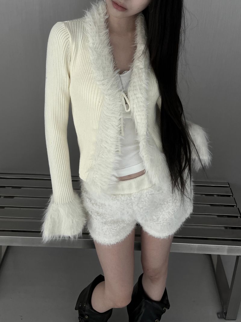silm ribbed fur strap cardigan (2color)