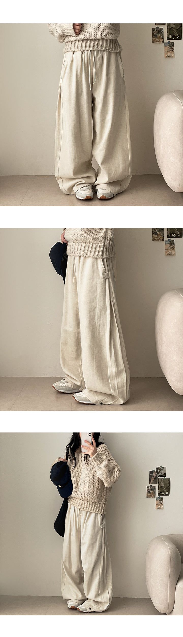 Rainside pintuck snap cotton wide pants
