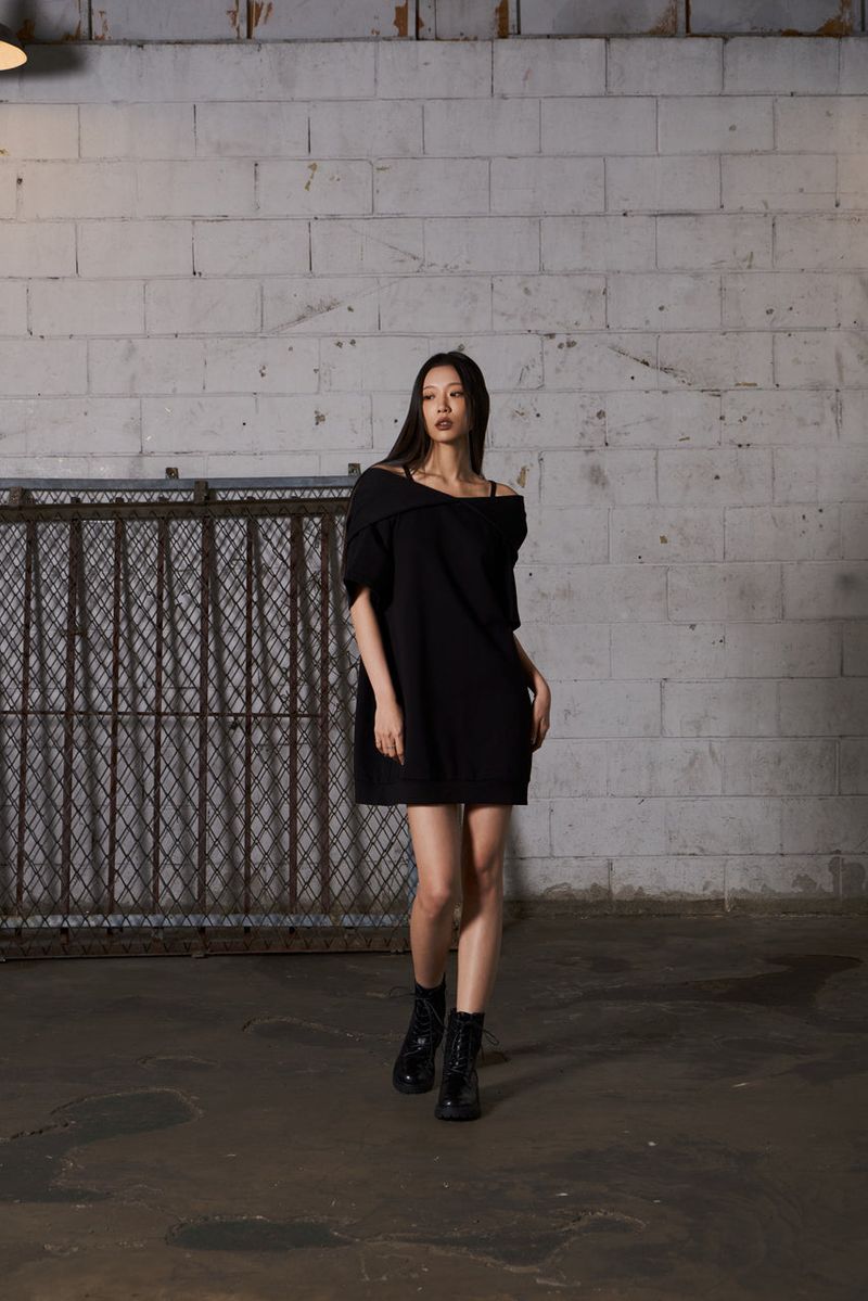2Way Big Hood Off-Shoulder Mini Dress - Black
