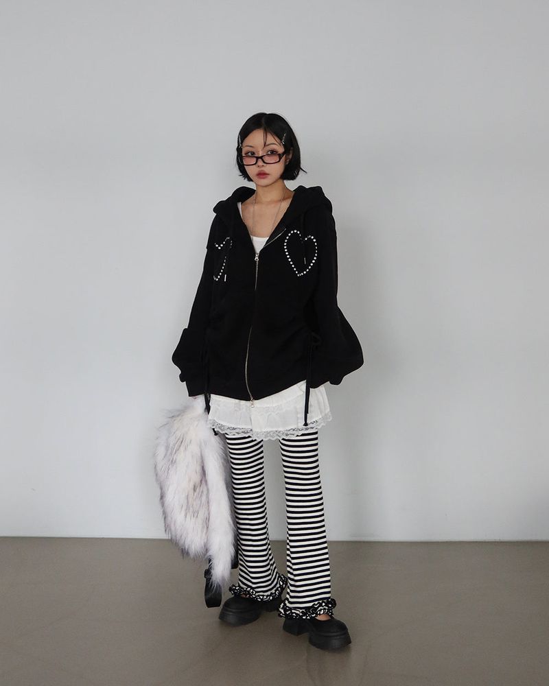 Wool napping heart wrinkle shirring hooded zip-up