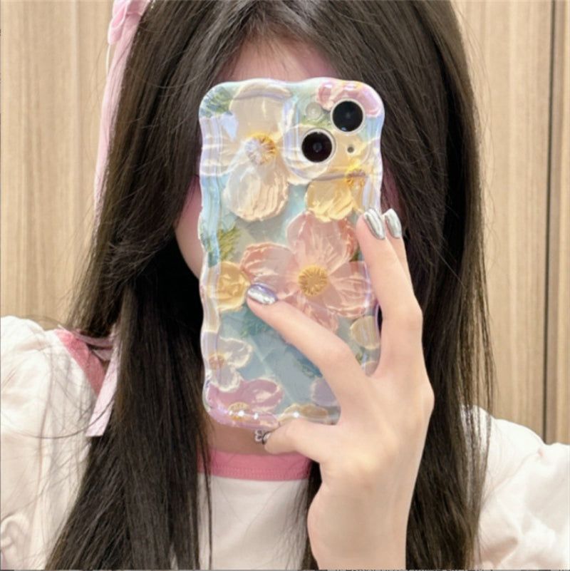 3D Flower Chain Wave Frame iPhone Case with Beaded Wrist Strap