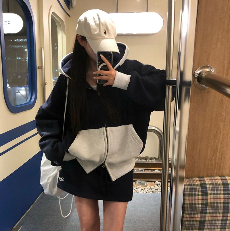 [BELLIDE MADE] two-tone coloring wool boxy hooded zip-up