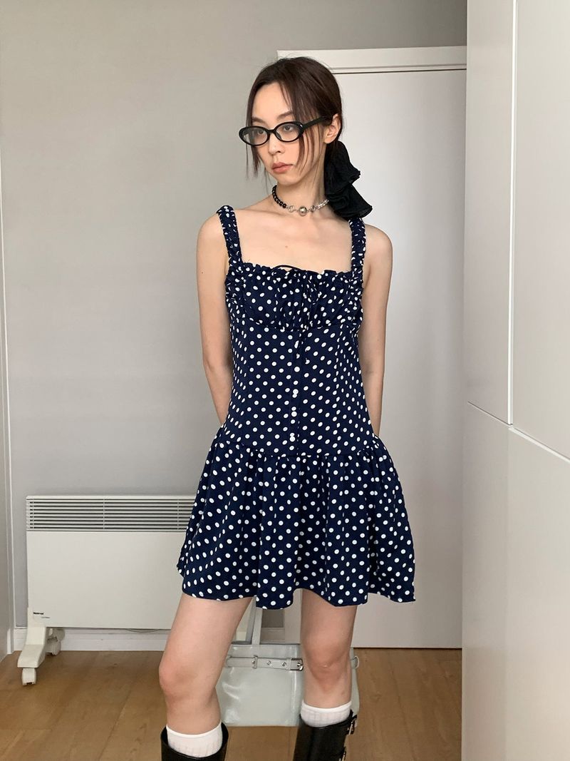 Navy Dotted Square Neck Flared Dress