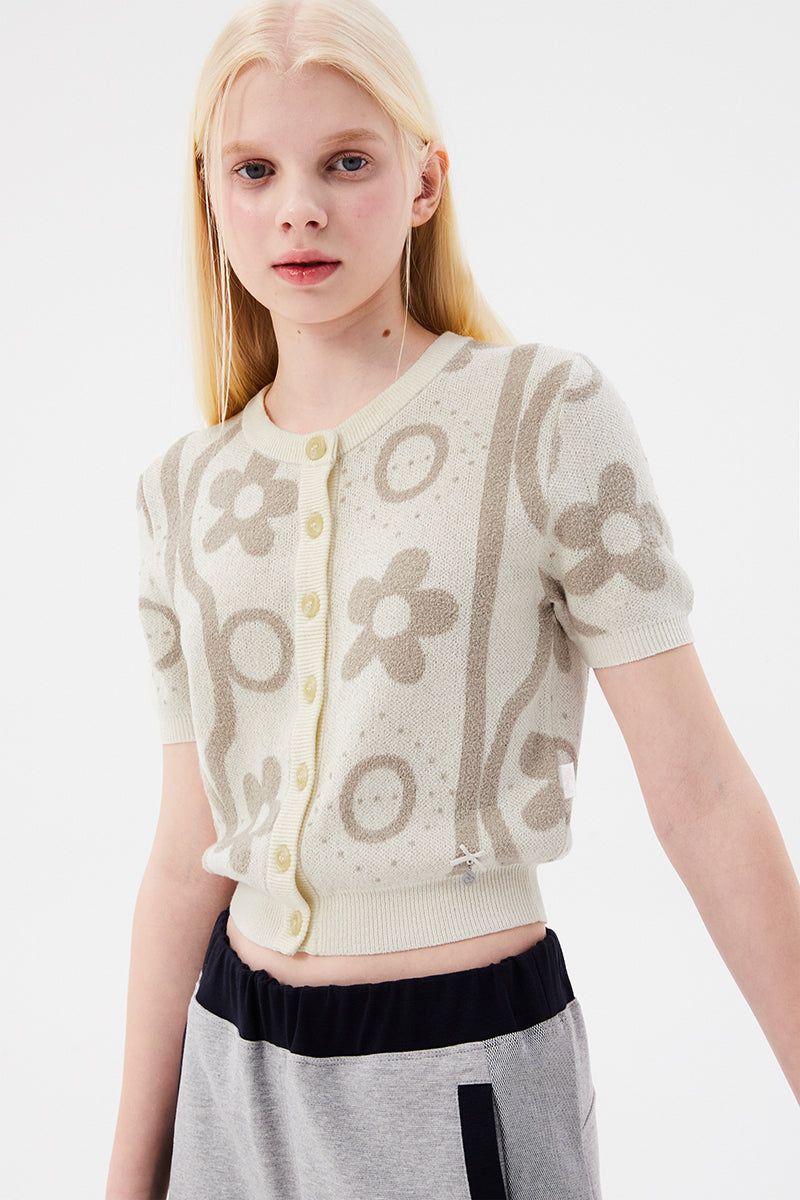 CHERRY JACQUARD PATTERN SHORT SLEEVE CARDIGAN [IVORY]