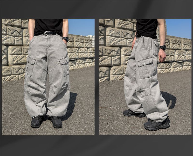 Bion Gray Wash Cargo Denim Pants