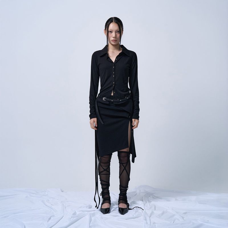 LAYERABLE BUTTON WRAP SKIRT (BLACK)