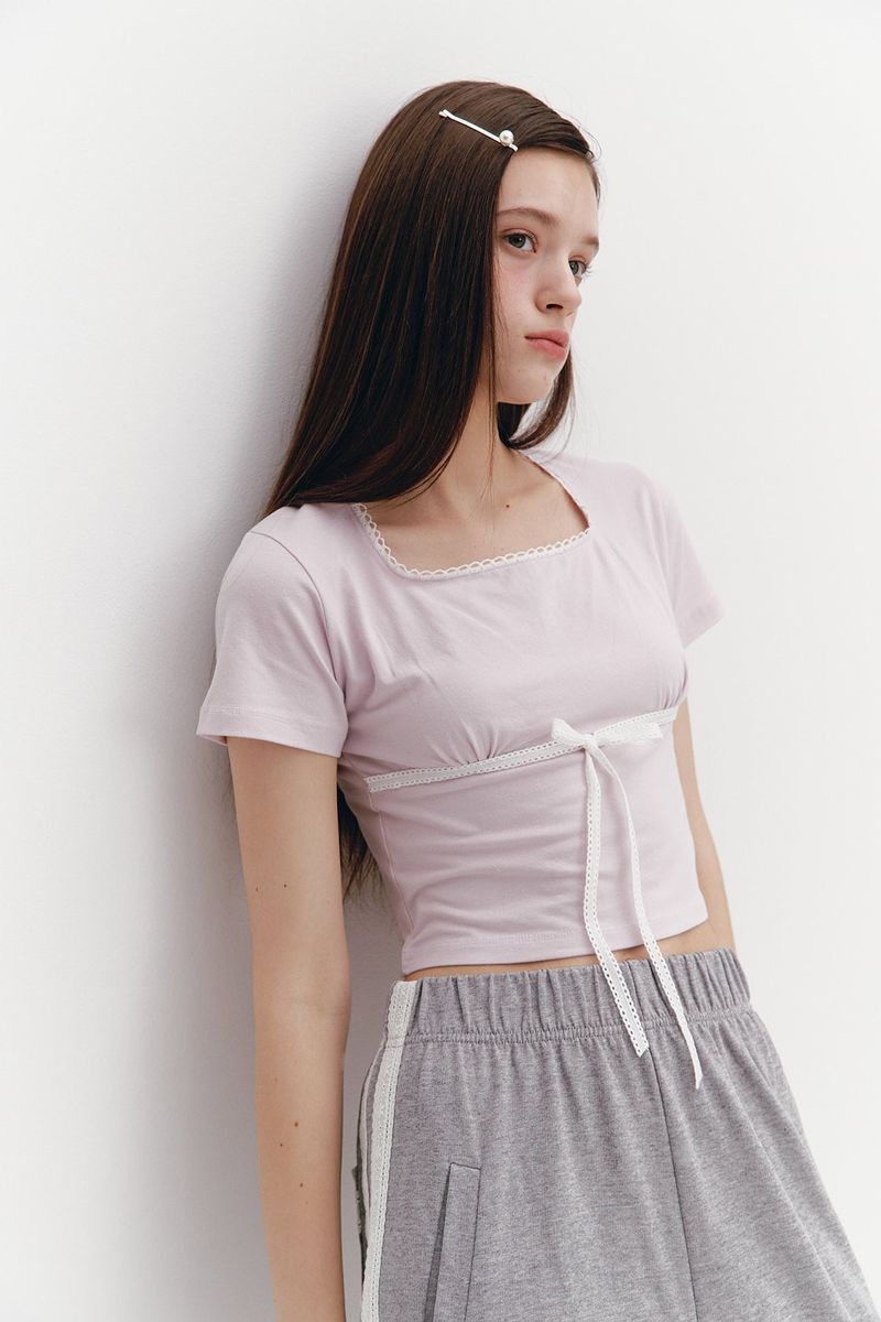 Lace Ribbon Shirring Top Pink
