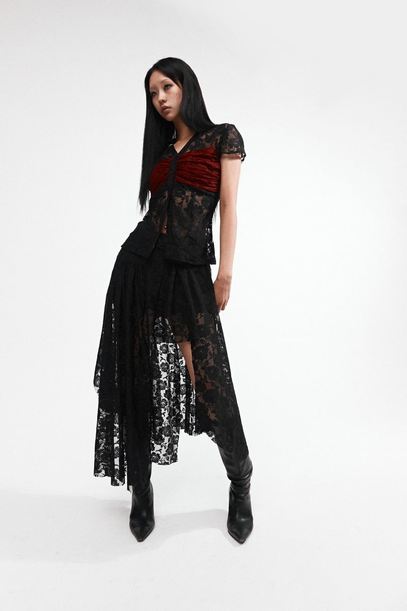 LACE SHIRRING SHIRT #BLACK&RED