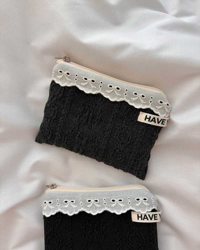 Ribbon lace cable flat pouch - charcoal , M size