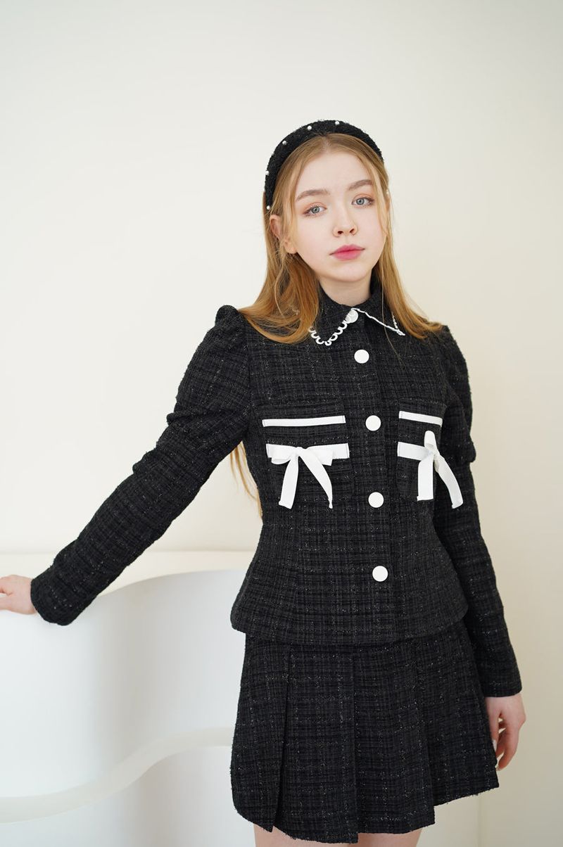 set tweed romantic jacket skirt black