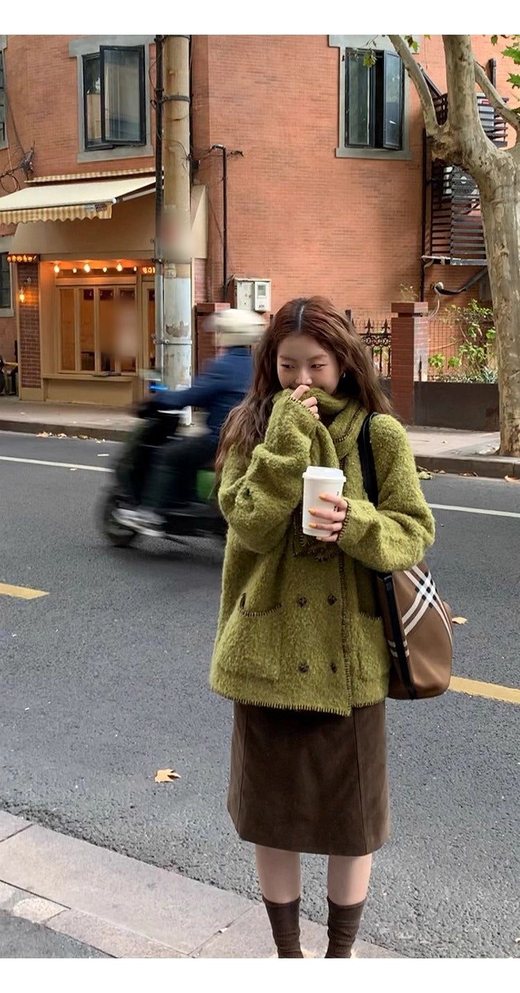 Green tea wool muffler knit cardigan