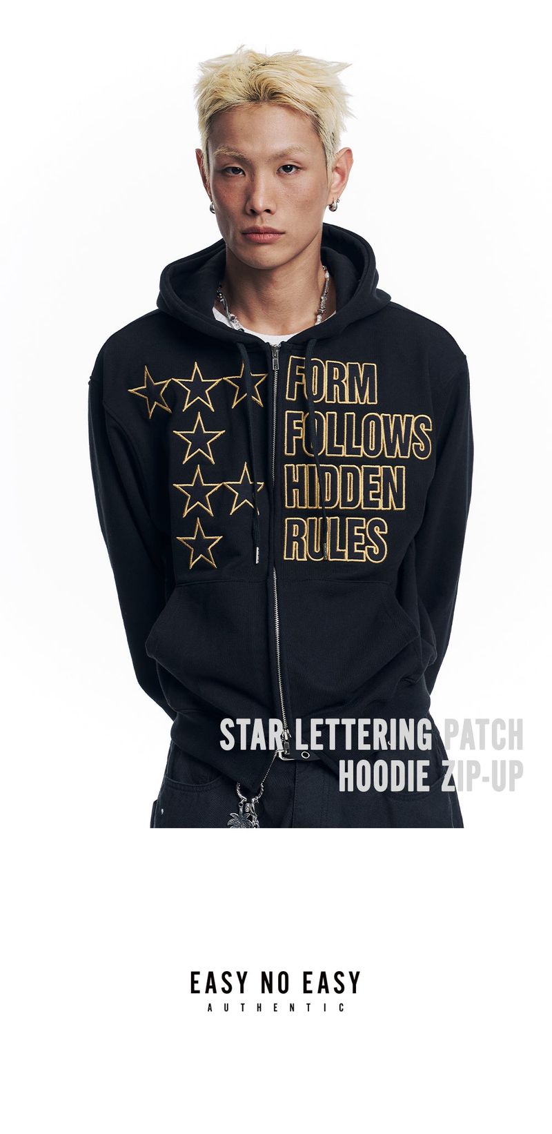 Star Lettering Patch Hoodie Zip-Up - Black