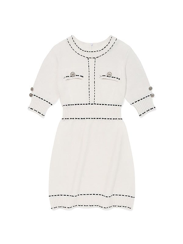 COLOR STITCH POINT KNIT DRESS [IVORY]