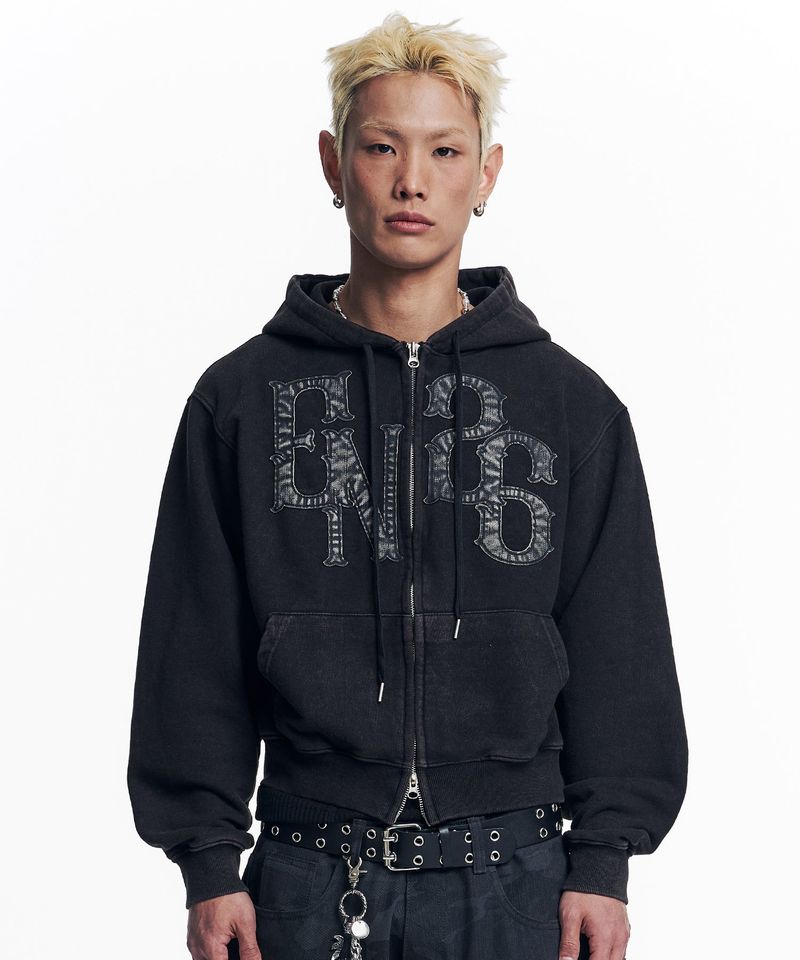 Washed Leather Patch Hooded Zip-Up - Black