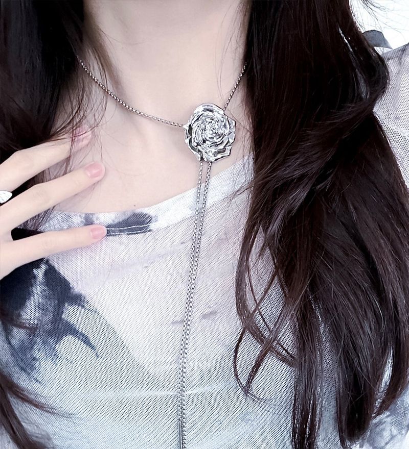 silver rose tie necklace