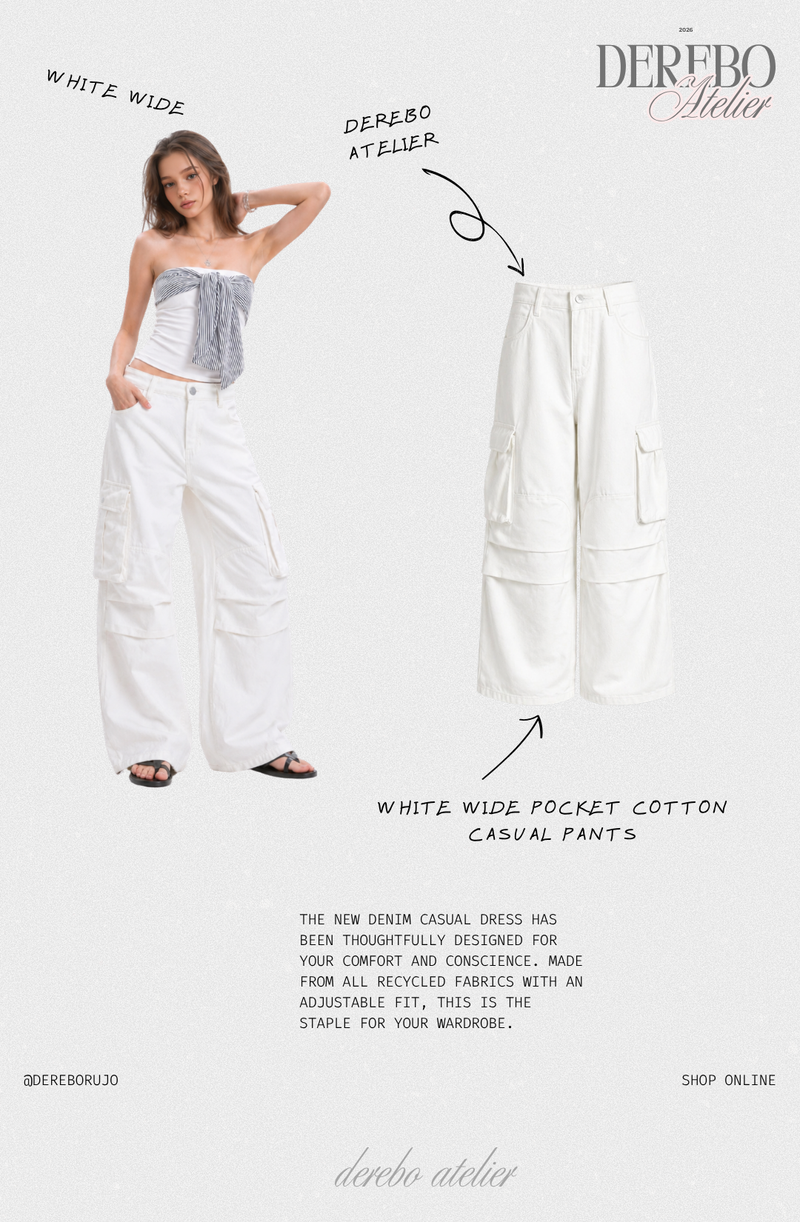 white wide pocket cotton casual pants