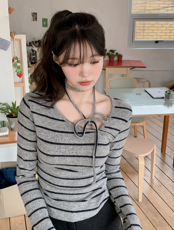 SHOPPERLAND（ショッパーランド）の「#Border Tie Point Slim Long Sleeve T-shirt (2color)（Tops）」