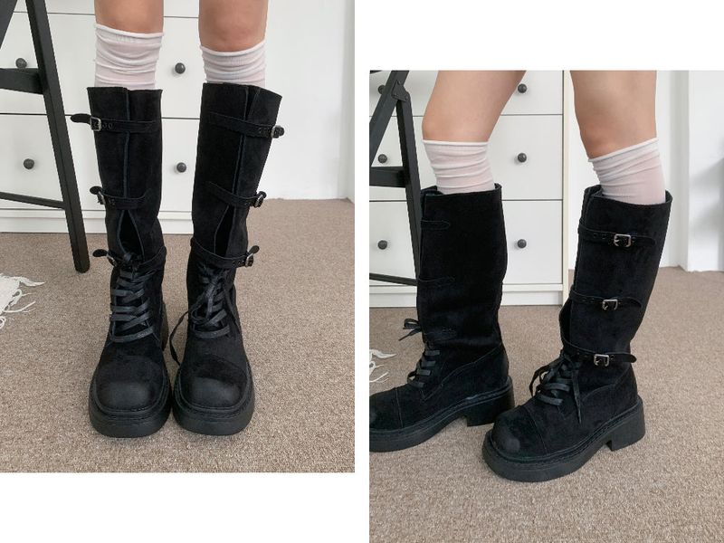 Kelvo Triple Buckle Belt Lace-Up Suede Oversole Long Boots (2 Colors)