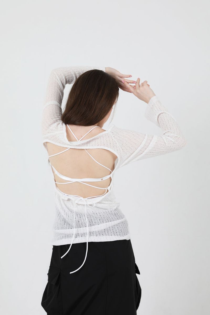See-Throught Back Slit Long Sleeve Knit White