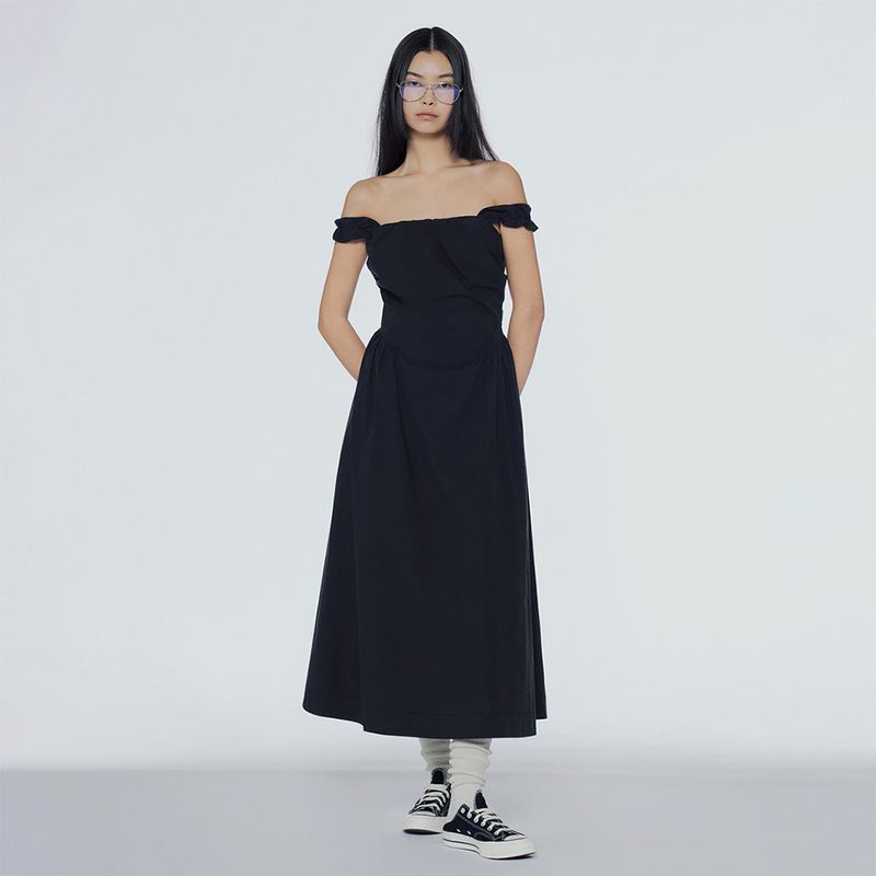 Off-the-shoulder shirred long dress