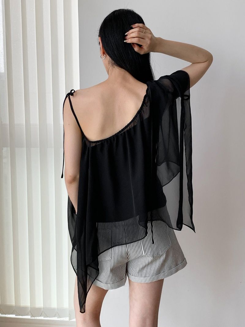 unbalanced chiffon see-through frill blouse