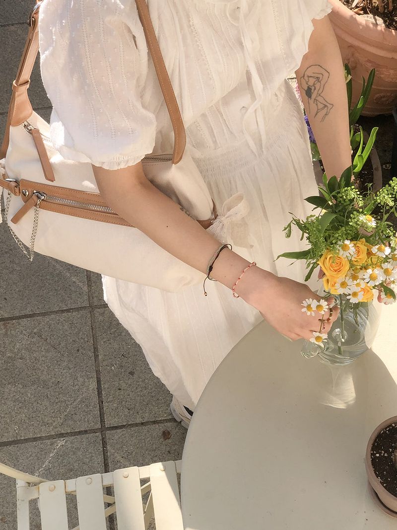 Belted ribbon bag_canvas caramel