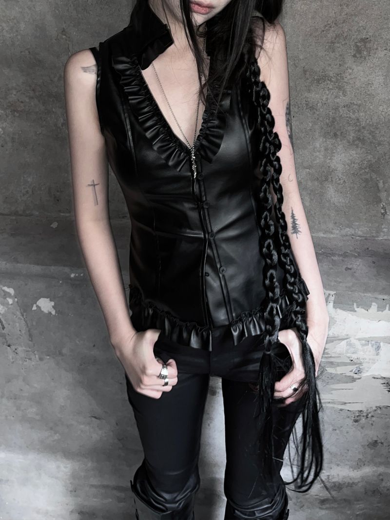 rock chic leather frill bustier