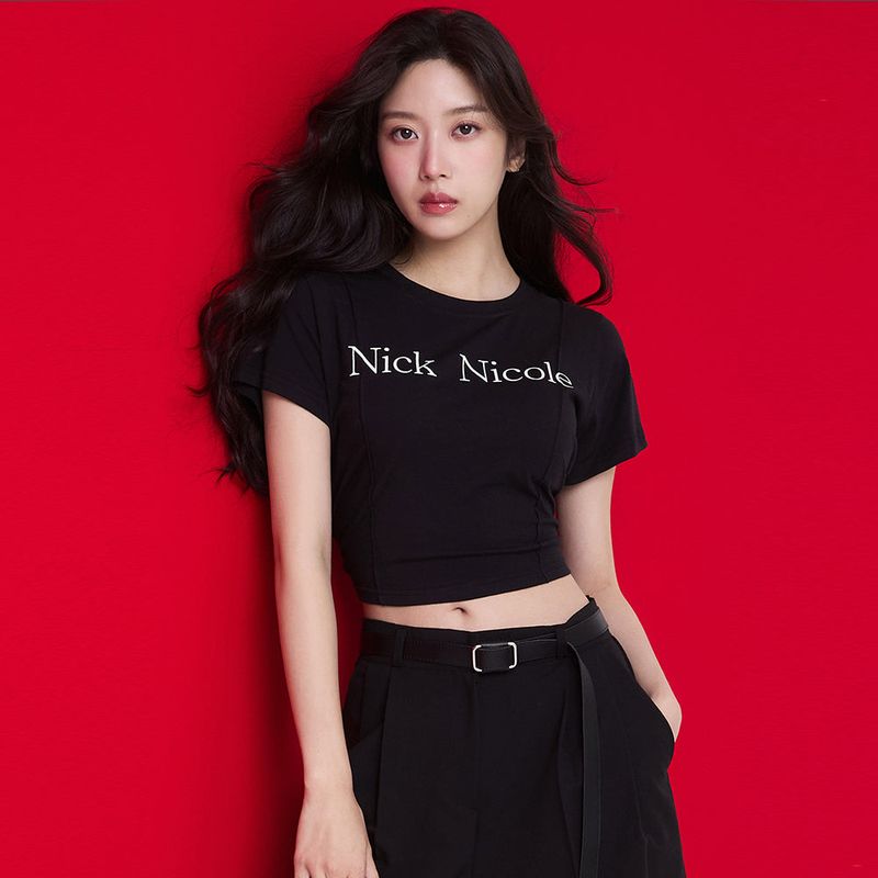 NICOLE PINTUCK CROP TEE_BLACK