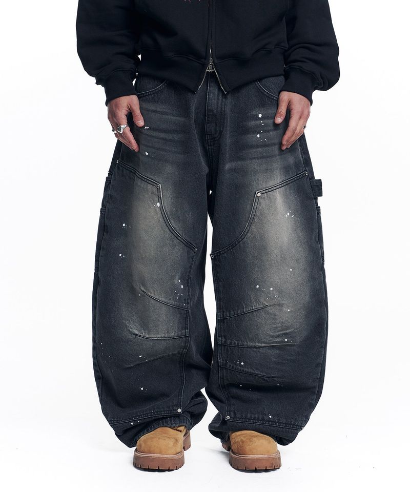 Curved Double Knee Denim Pants - Black