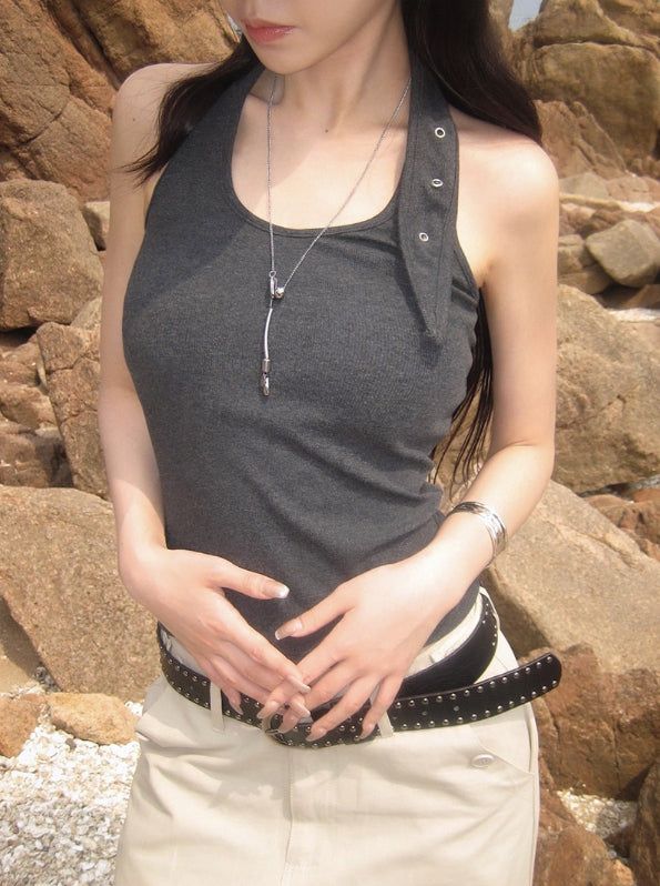 26SS★ [MADE] Pyoli Eyelet Halter Ribbed Sleeveless