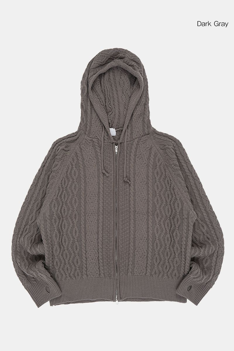 Cable twisted knit hood zip-up