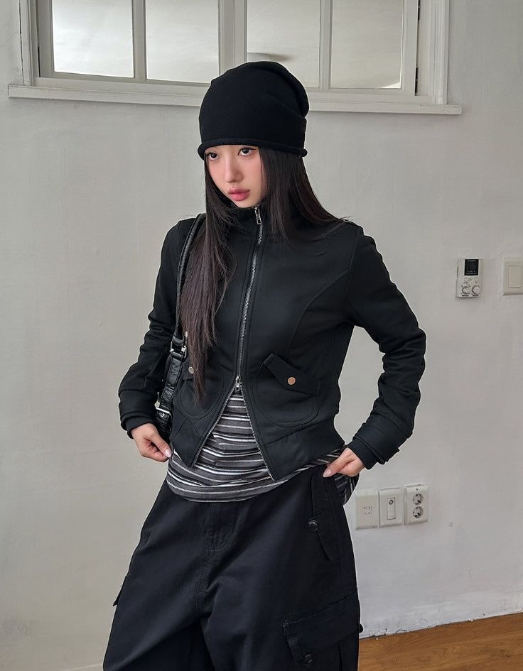 Pearly cut high neck two-way zip-up