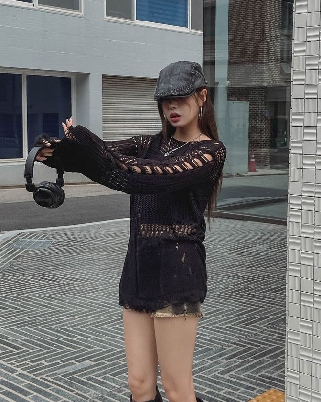 Luffy Openwork Damage Long Knit
