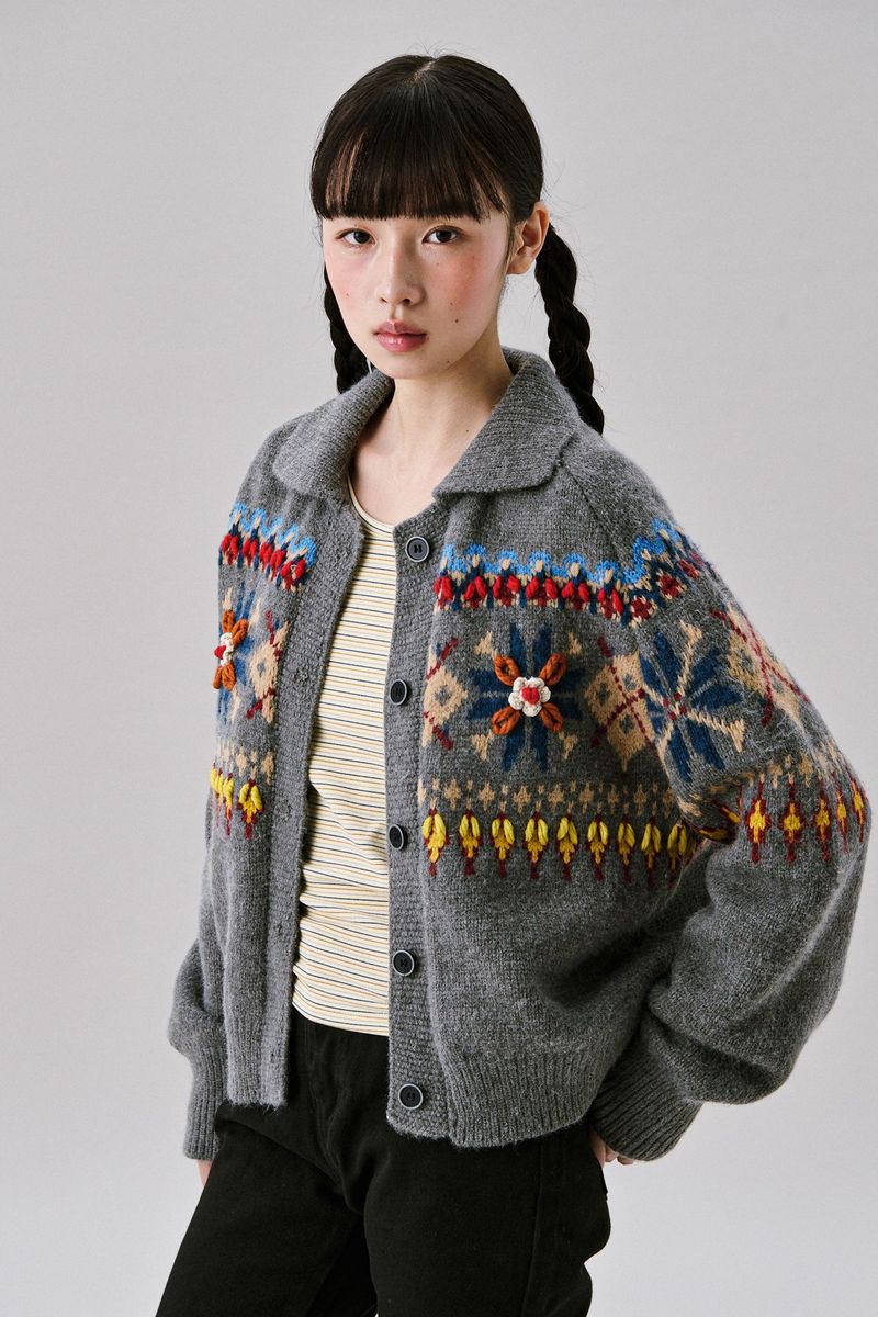 Grid Jacquard Cardigan [Gray]