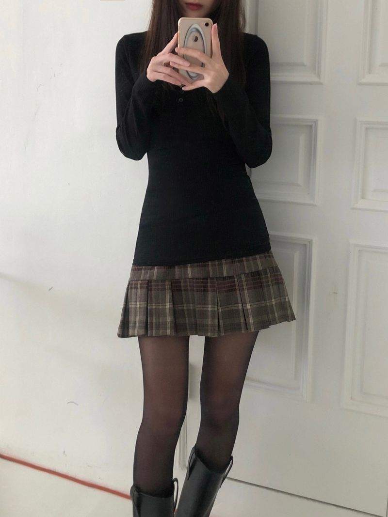 Top checkered pleats skirt (one color)