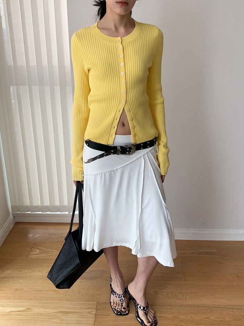 Color Round Neck Ribbed Button Cardigan