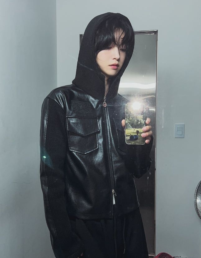[LANARCH] Noble Leather Pocket Hooded Zip-Up
