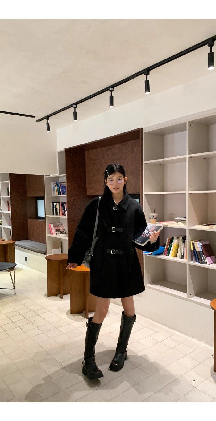wool black collar buckle half coat