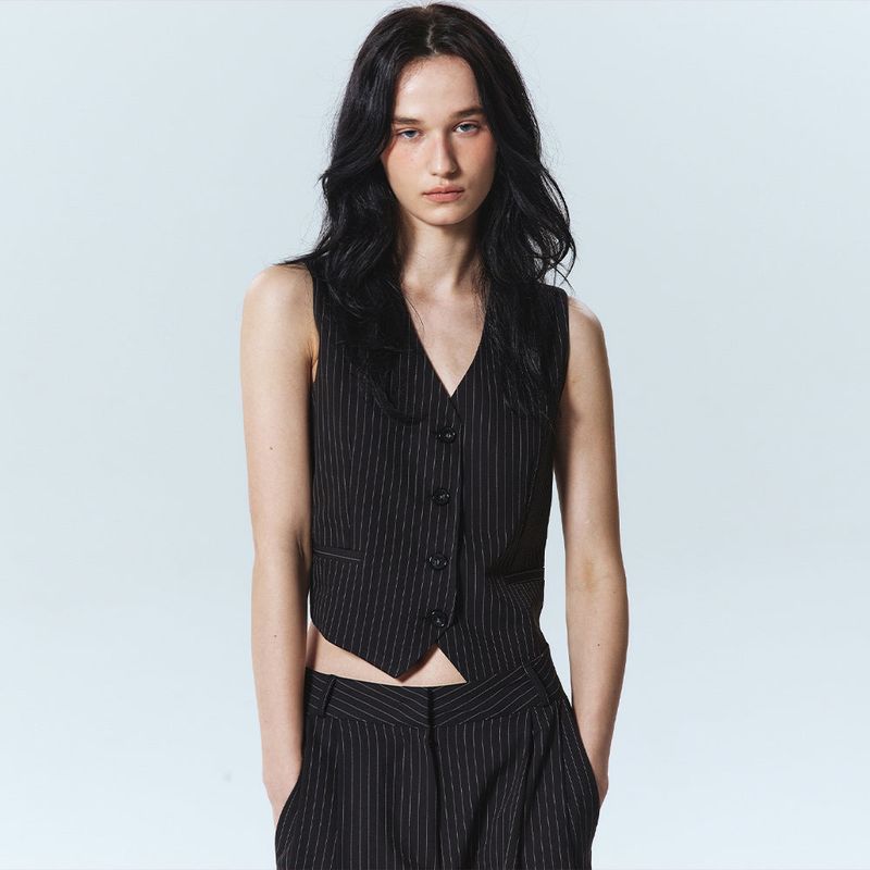 TAILORED STRIPE SINGLE VEST_BLACK