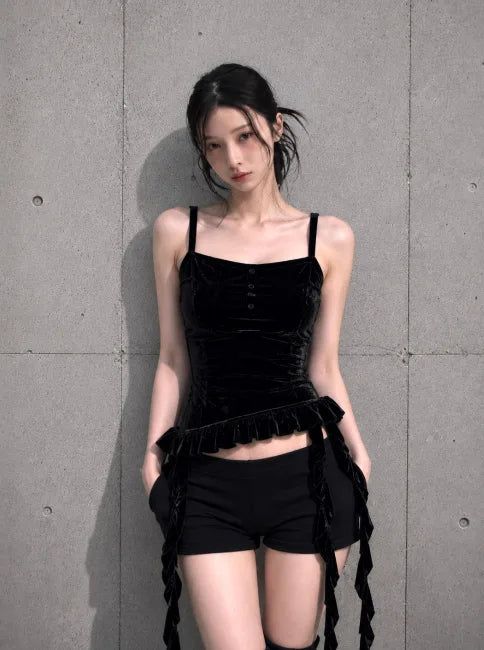 ブラック ベルベット ラッフルド レイヤード キャミ