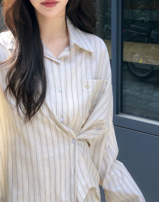 Today Loose Button Wrap Stripe Shirt (3color)