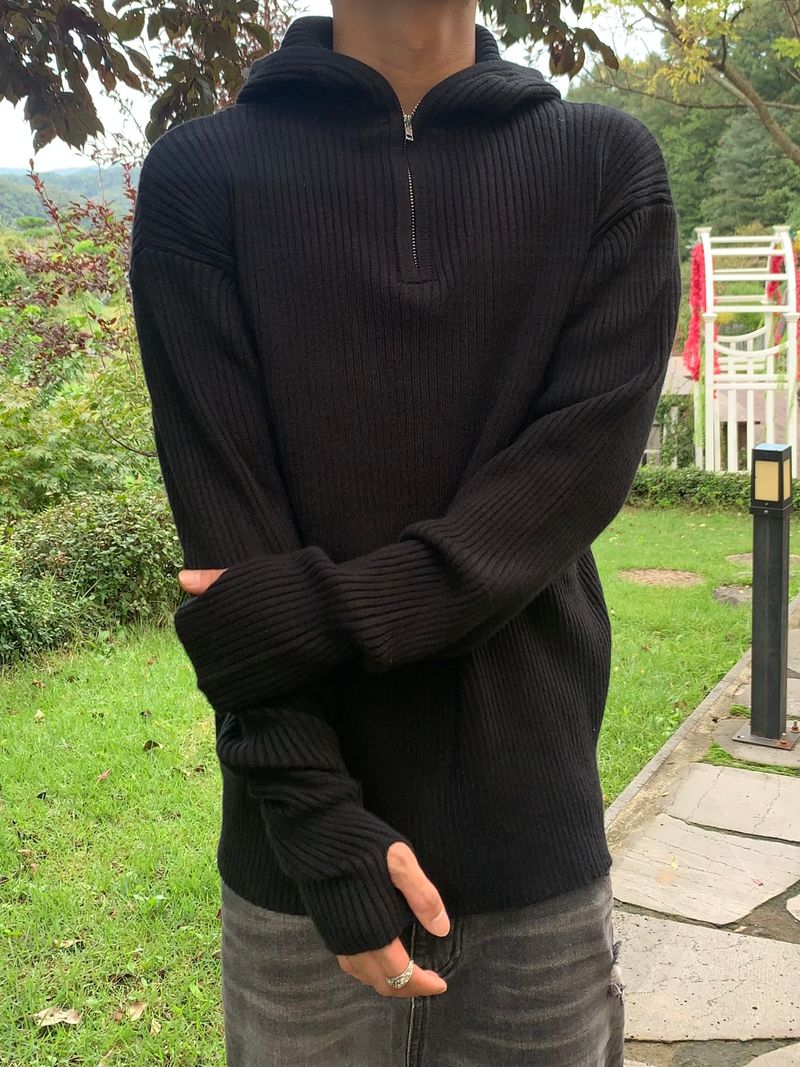 Rib Hood Half Zip-Up Knit