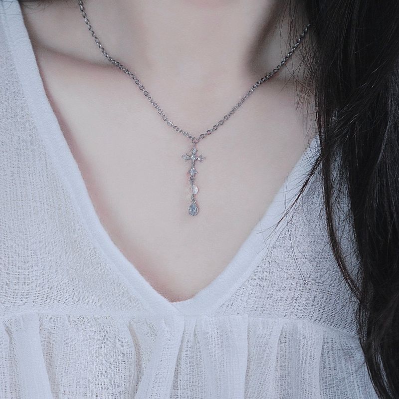 cross water drop transparent gemstone necklace